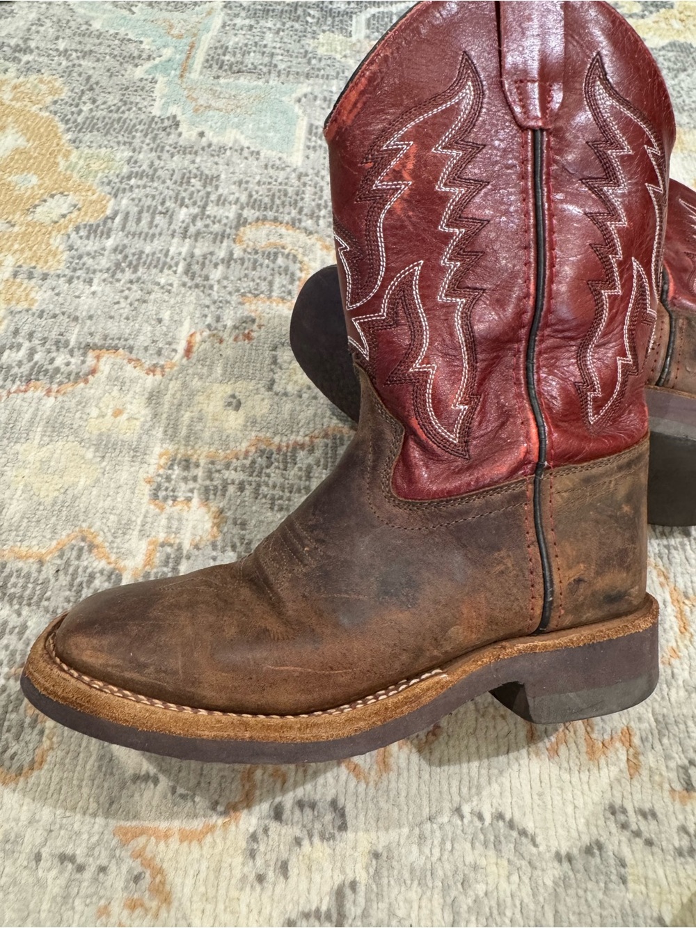 Old West Kids Cowboy Boots Size 2D Brown Burgundy Leather Western